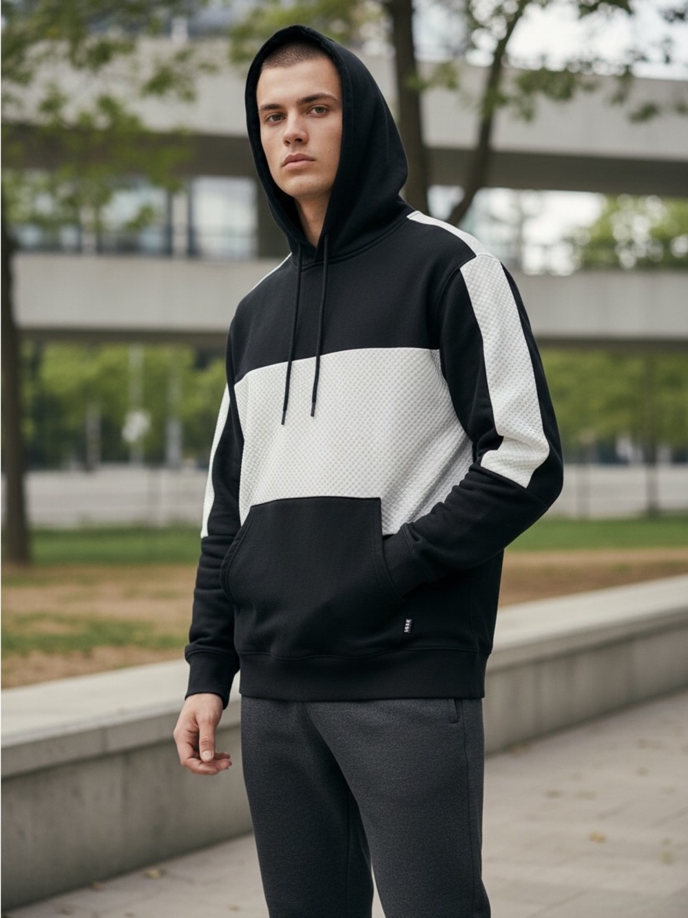 Zanerobe Black White Colorblock Hooded Pullover Sweatshirt Hoodie